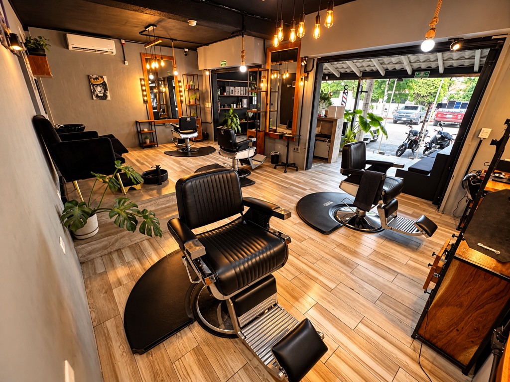 Sillones de barbero de piel negra bajo lámparas de luz cálida
